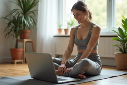 Femme faisant du pilates chez elle sur un tapis