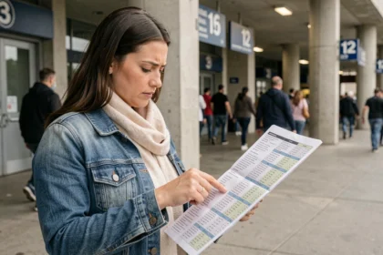 Femme consultant un plan de salle de stade avant un concert, tenant une carte des places dans un couloir de grande enceinte sportive