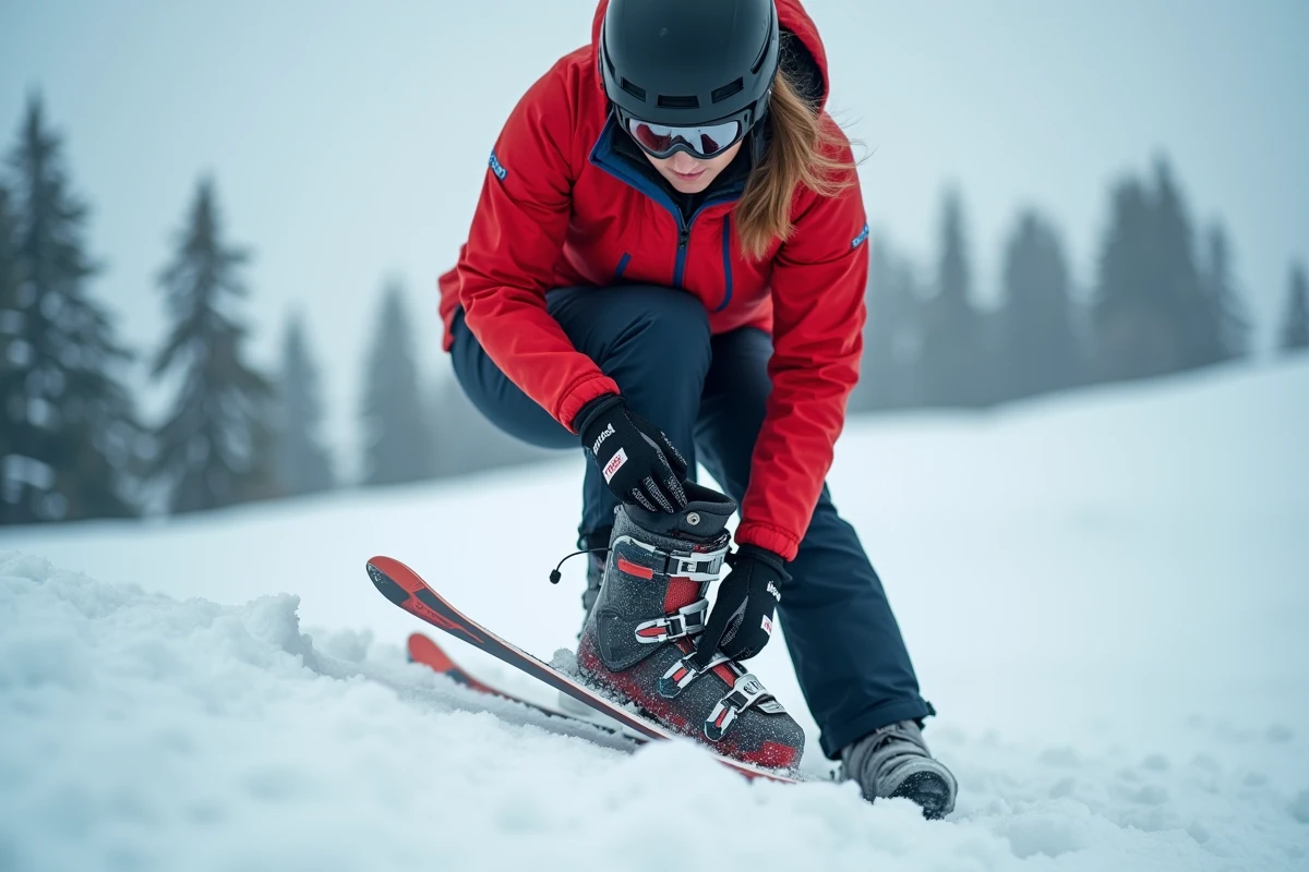 Femme ajustant les boucles de ses chaussures de ski sur une piste enneigée, vue en pied mettant en valeur les boots adaptés aux mollets forts