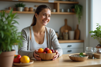 Femme souriante avec fruits et compléments naturels