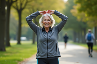 Femme senior souriante en sport dans un parc urbain