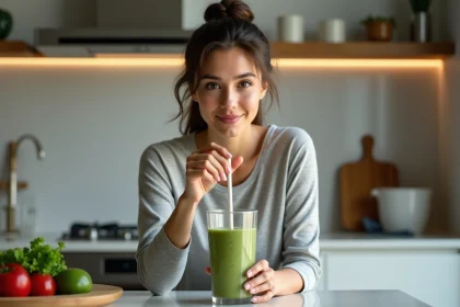Jeune femme en activewear prépare un smoothie sain à la maison
