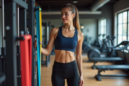 Femme en tenue de sport choisissant une bande de résistance