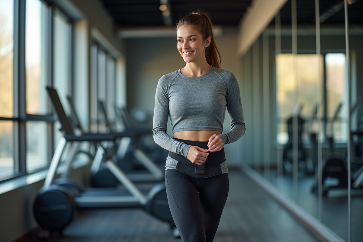 Femme souriante ajustant son genou dans une salle de sport