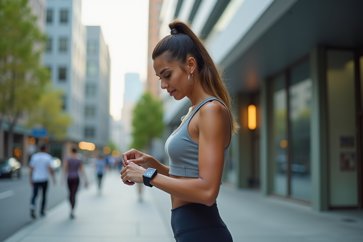 Femme sportive vérifiant sa smartwatch en ville