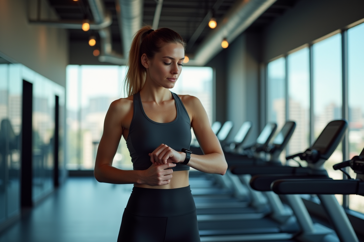 Femme sportive ajustant son tracker fitness dans la salle de sport
