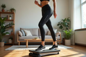 Femme active utilisant un stepper dans un salon lumineux