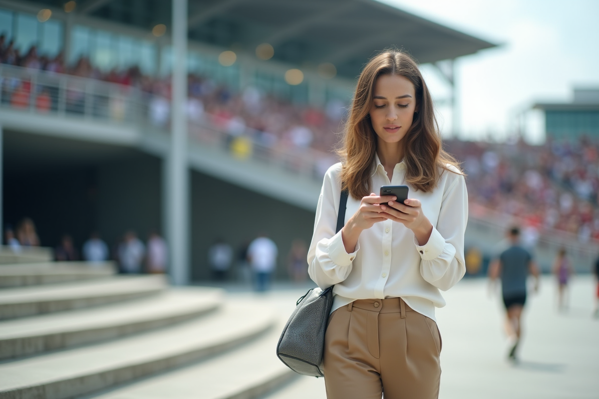 Femme avec téléphone près d un stade urbain lors d un événement sportif