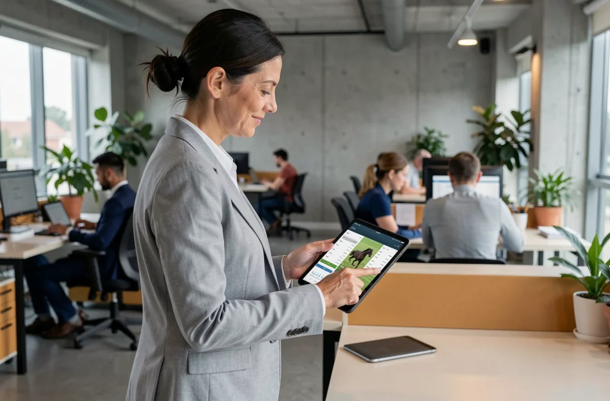 Une femme professionnelle debout dans un open space moderne consulte l'interface Infonet Le Trot sur une tablette numérique
