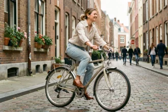 Femme à vélo de ville classique avec frein à rétropédalage sur une rue pavée européenne