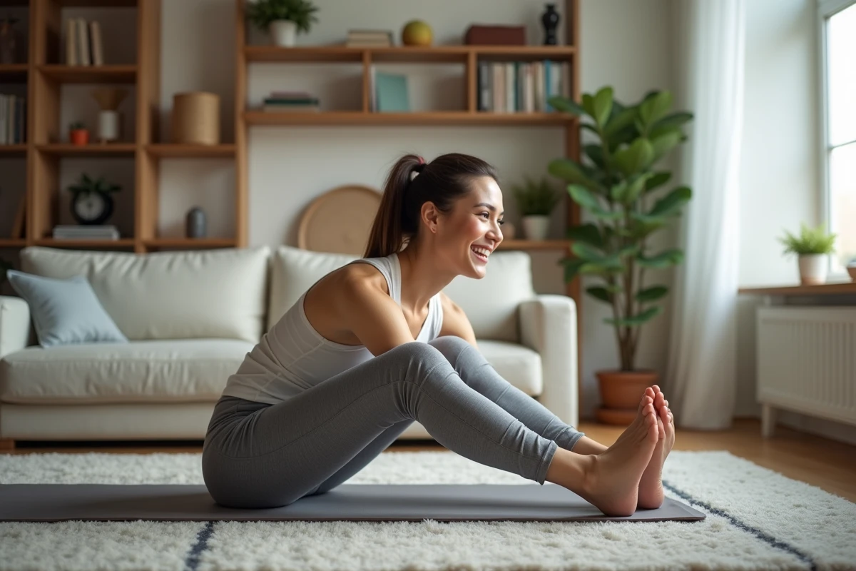 Femme souriante en yoga dans un salon moderne