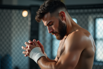 Fighter MMA préparant ses mains dans une salle lumineuse