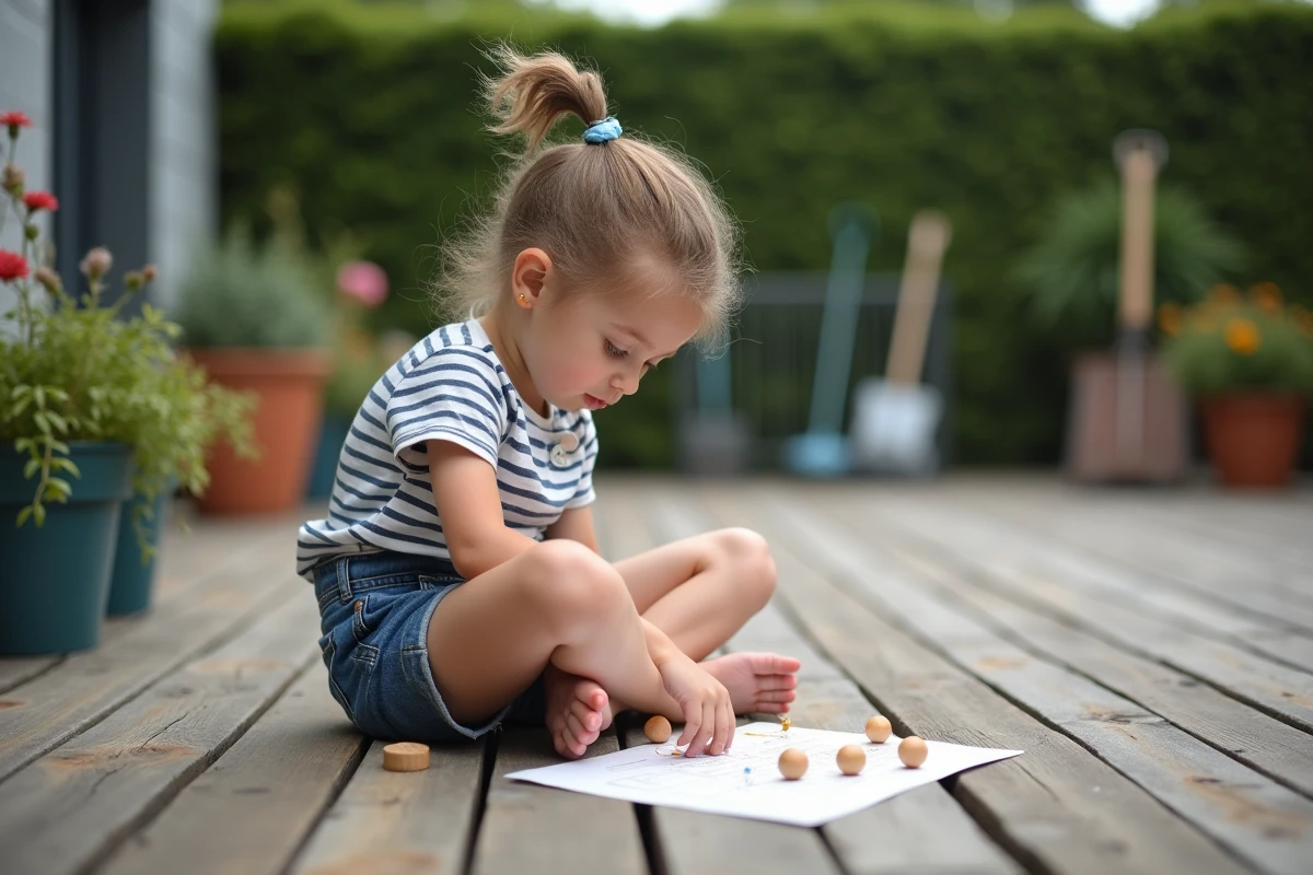 Jeune fille étudiant un diagramme de Mölkky sur une terrasse