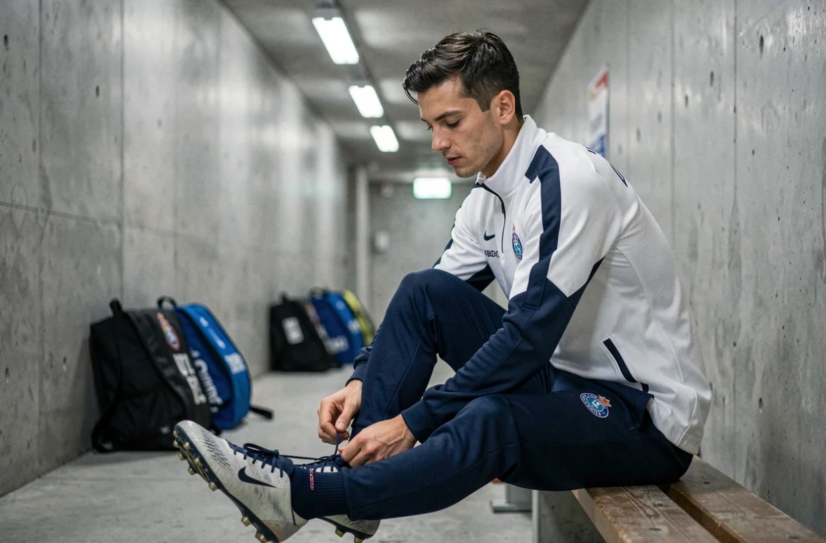 Footballeur du FC Porto dans le couloir du stade en train de lacer ses crampons avant un entraînement, illustrant la préparation et la renaissance sportive