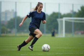 Jeune footballeuse s'entraînant au dribble sur un terrain de football en herbe, inspirée par Mia Hamm