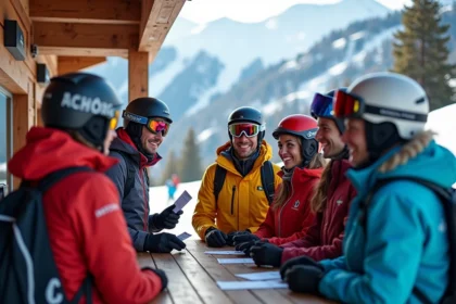 Groupe de skieurs adultes achetant des forfaits groupe au guichet de la station Les Arcs avec des montagnes enneigées en arrière-plan