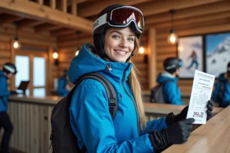Jeune femme récupérant son forfait ski à l'Alpe d'Huez au guichet de la station