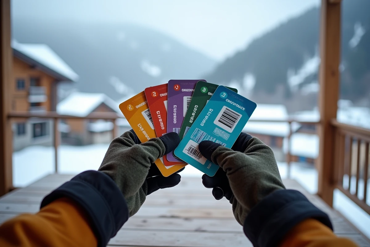 Gros plan sur des forfaits de ski groupe tenus par une skieuse sur une terrasse de chalet alpin aux Arcs