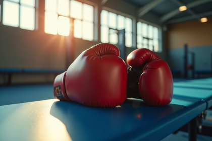 Gants de boxe reposant sur un banc de gym ensoleille