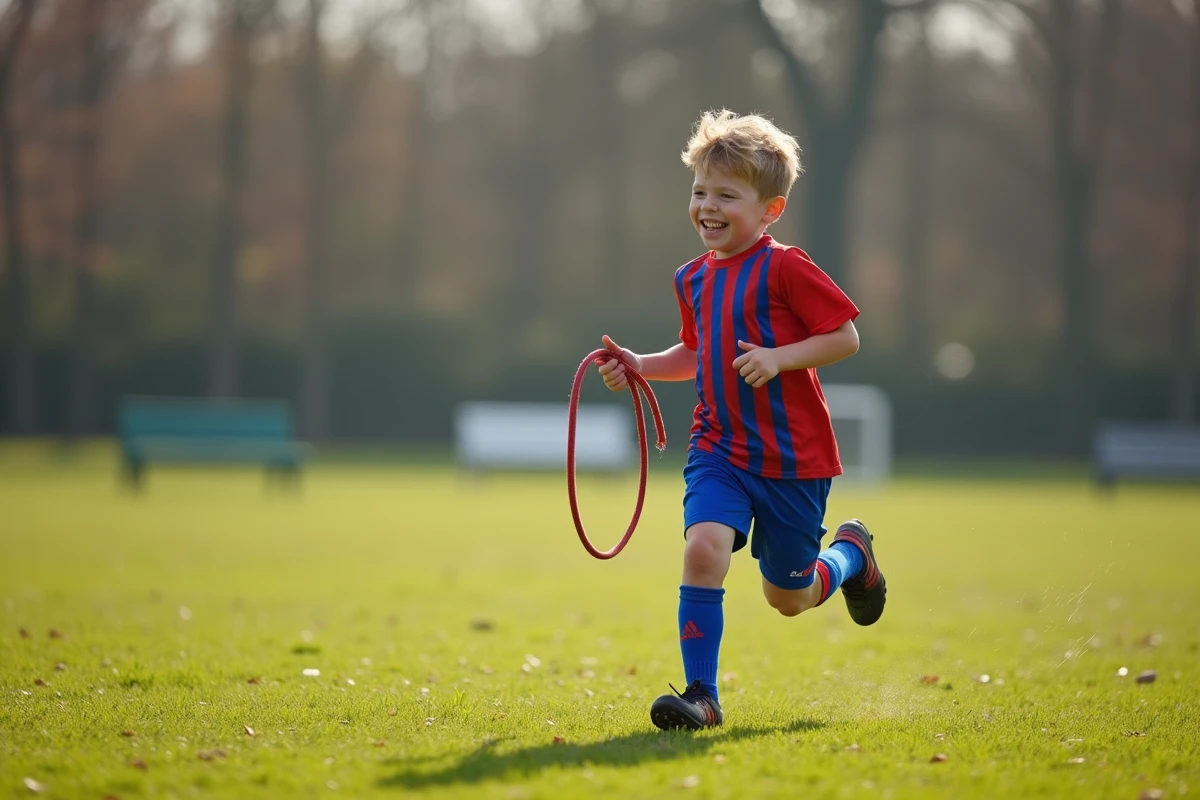 Garçon en tenue sportive courant dans un parc ensoleille