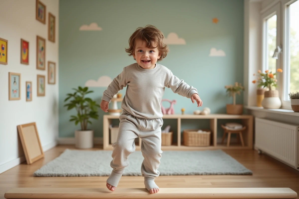 Garçon de 3 ans en équilibre sur une poutre dans une salle de jeu moderne