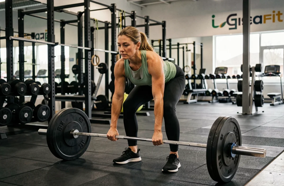 Femme réalisant un soulevé de terre avec barre dans la salle de musculation Gigafit Rennes