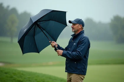Golfeur homme avec parapluie sur parcours humide