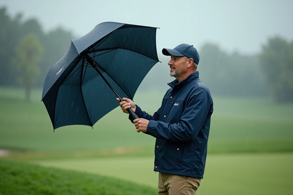 Golfeur homme avec parapluie sur parcours humide