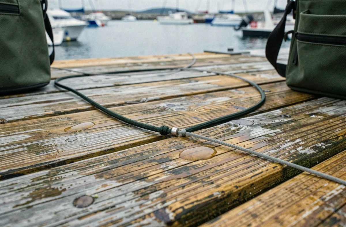 Gros plan d'un montage bar en surfcasting avec tresse fine, bas de ligne fluorocarbone et emerillon sur des planches de quai humides