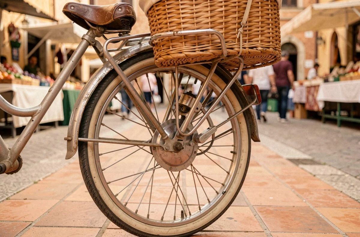 Gros plan sur le moyeu à rétropédalage d'un vélo de ville vintage avec panier en osier sur pavés