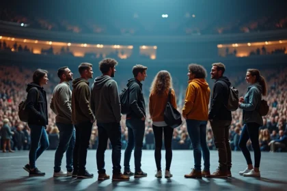 Groupe d'adultes dans la Bercy Arena en conversation