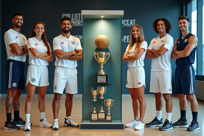 Groupe d'athletes professionnels avec trophées et médailles