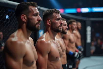 Groupe de combattants MMA concentrés dans l'arène