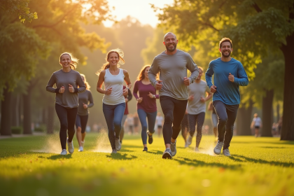 Groupe de personnes courant dans un parc ensoleille avec energie
