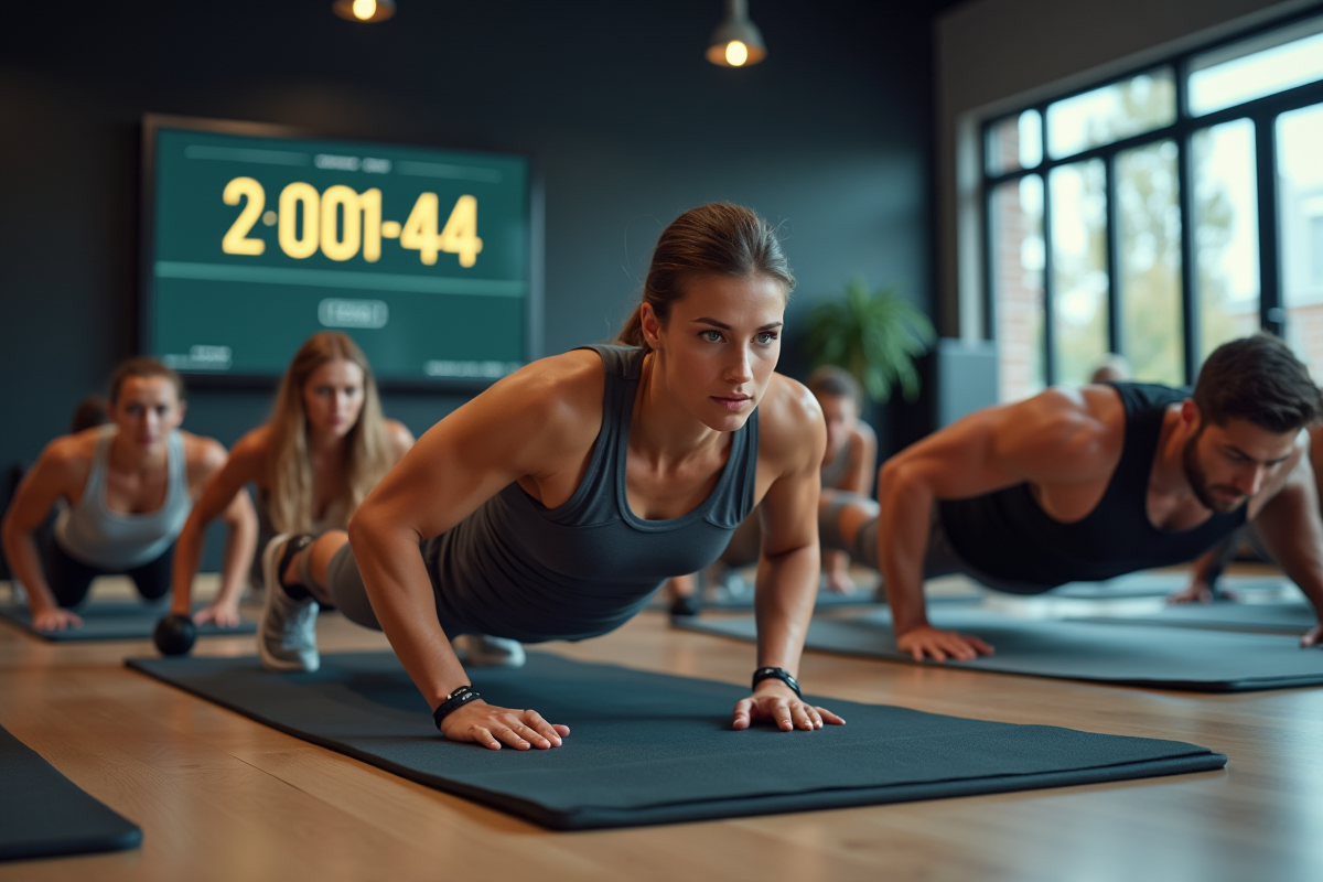 Groupe en séance de fitness faisant des pompes dans un studio spacieux
