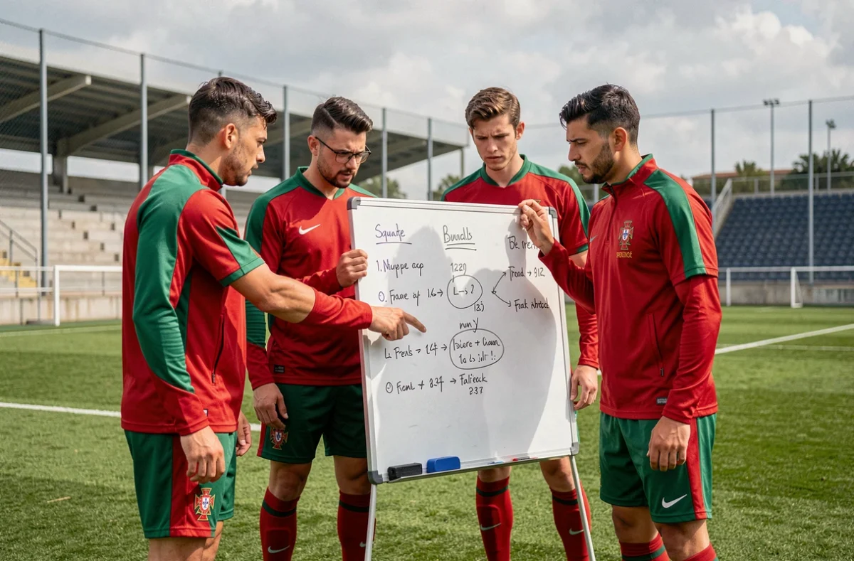 Groupe de joueurs portugais en tenue d'entraînement discutant de tactique autour d'un tableau lors de la préparation pour la liste de la Coupe du Monde 2026