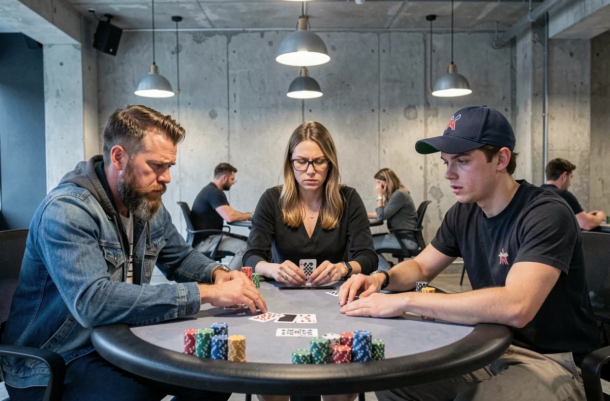 Groupe de joueurs de poker en pleine partie de tournoi dans une salle de jeu moderne, avec des jetons et des cartes sur la table