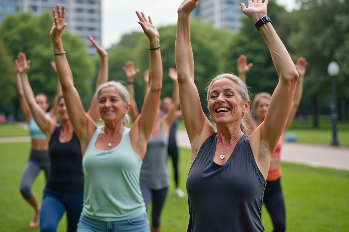 Groupe divers de personnes faisant du pilates en extérieur