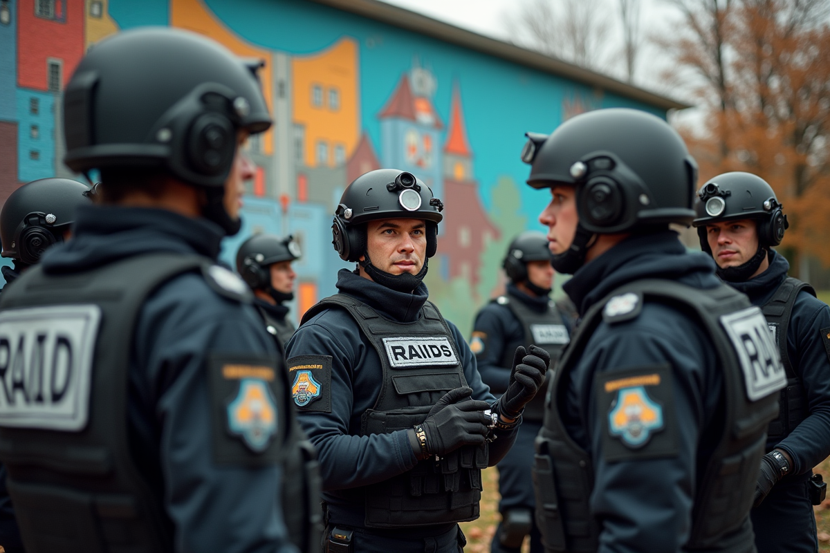 Equipe RAID en tenue tactique devant un mural
