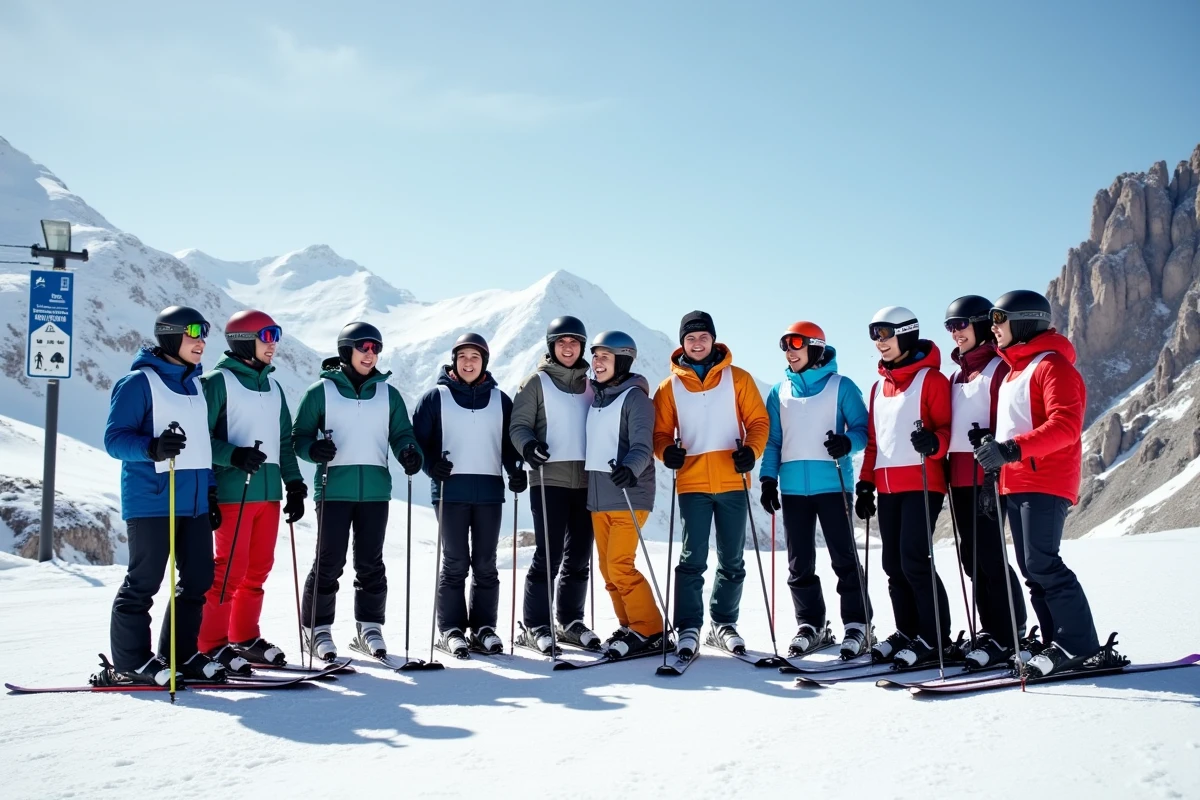 Grand groupe de skieurs adultes en bibs de groupe posant ensemble sur une piste enneigée de la station Les Arcs avec un panorama alpin
