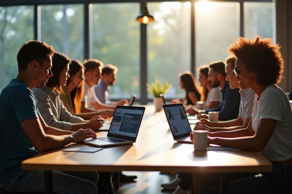 Groupe diversifié autour d'une table avec laptops pour forum sportif