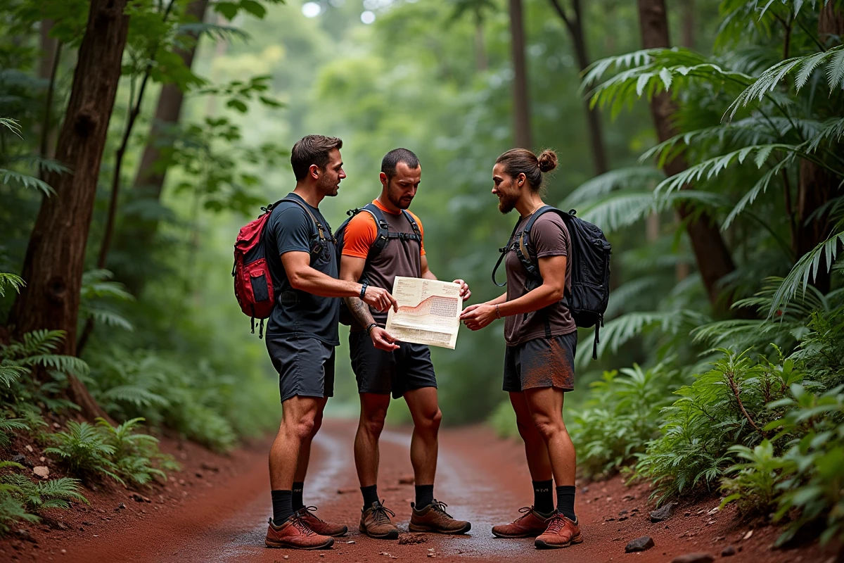 Groupe de trois coureurs trail discutant du dénivelé de la Diagonale des Fous 2026 sur un sentier forestier de La Réunion avec poussière volcanique rouge