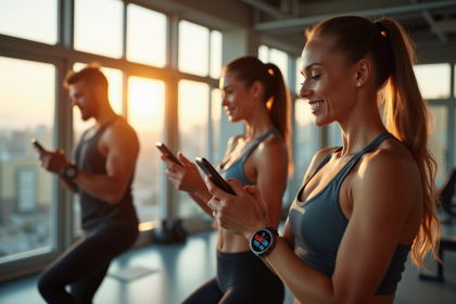 Groupe diversifié utilisant des applications fitness en salle lumineuse