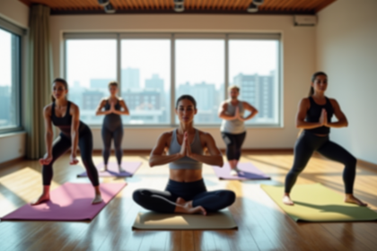 Groupe divers de personnes pratiquant le yoga en studio lumineux