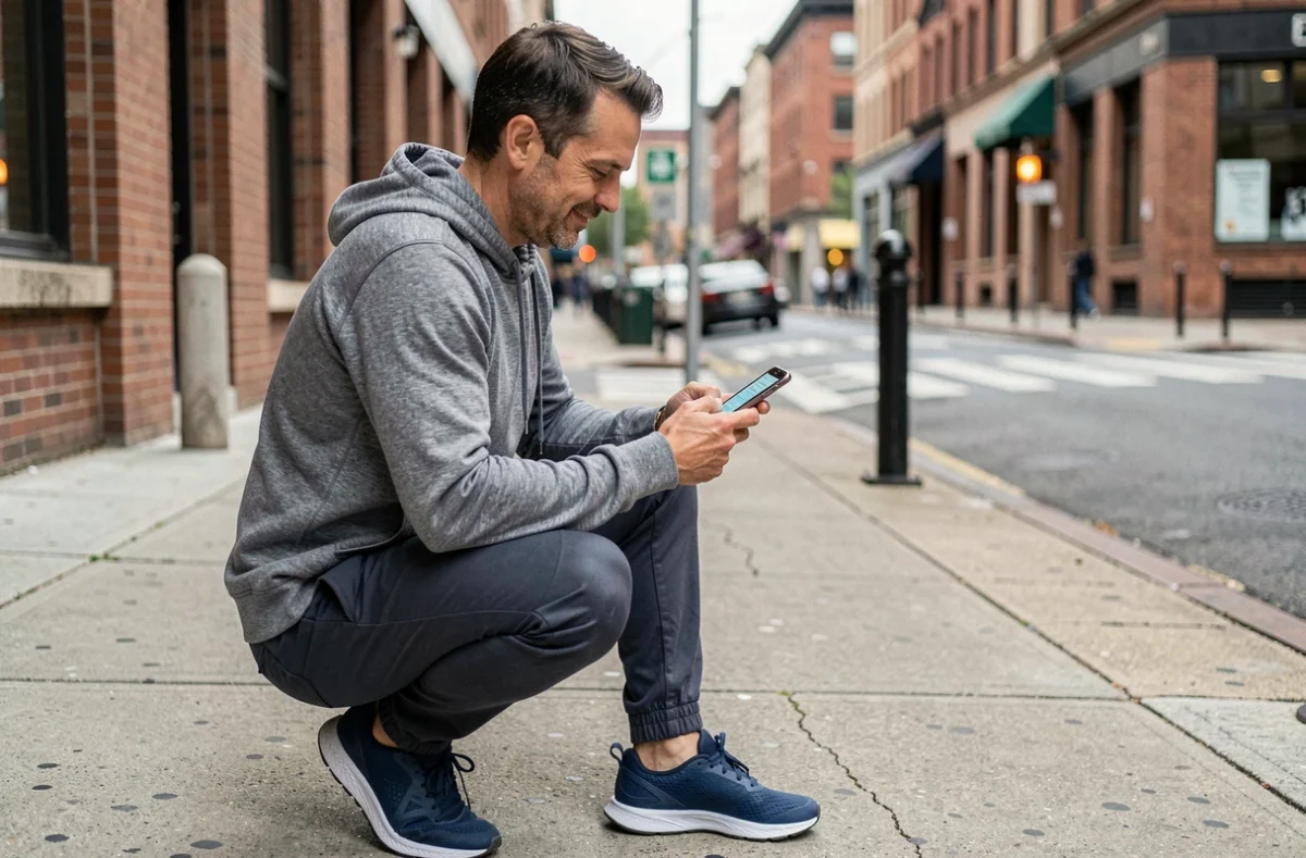 Homme consultant une application de suivi de pas sur smartphone après une marche de 17000 pas en ville
