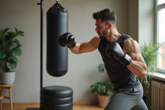 Homme en entraînement avec sac de frappe numérique dans un appartement