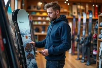 Homme examinant un snowboard dans un magasin de sport, comparant les gammes de prix et les modèles disponibles