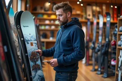Homme examinant un snowboard dans un magasin de sport, comparant les gammes de prix et les modèles disponibles