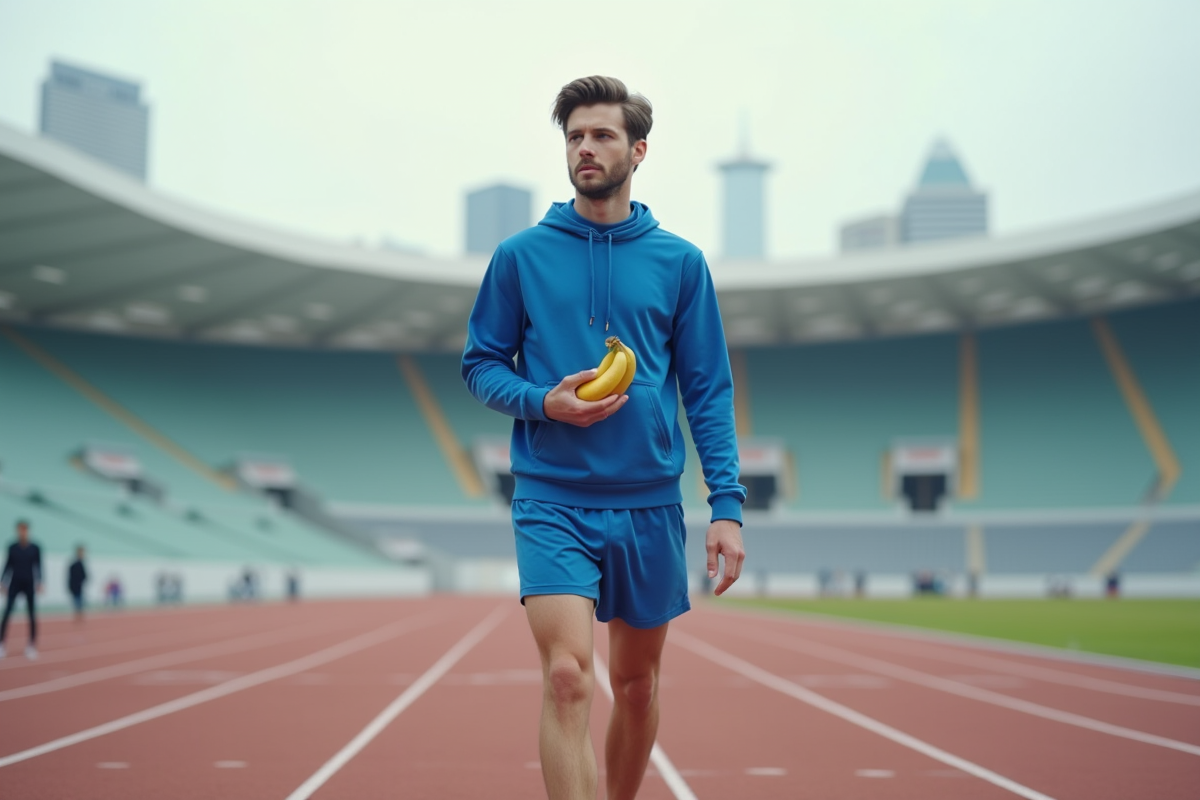Jeune homme en extérieur tenant deux bananes avant l