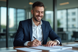 Homme d'affaires souriant dans un bureau moderne